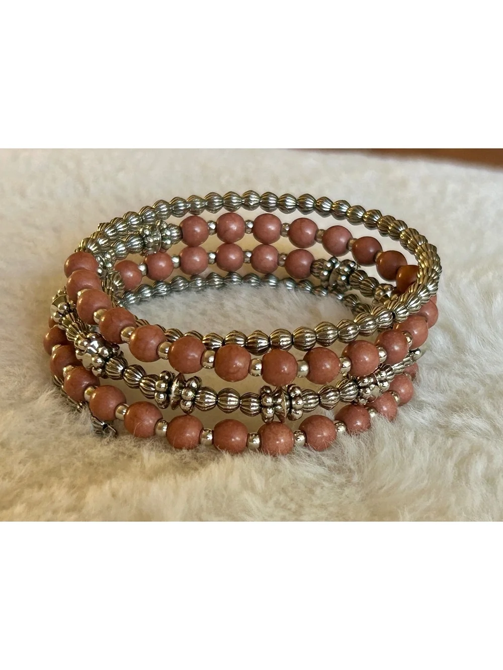 Vintage Beaded Wrap Bracelet with Pink and Silver Tones